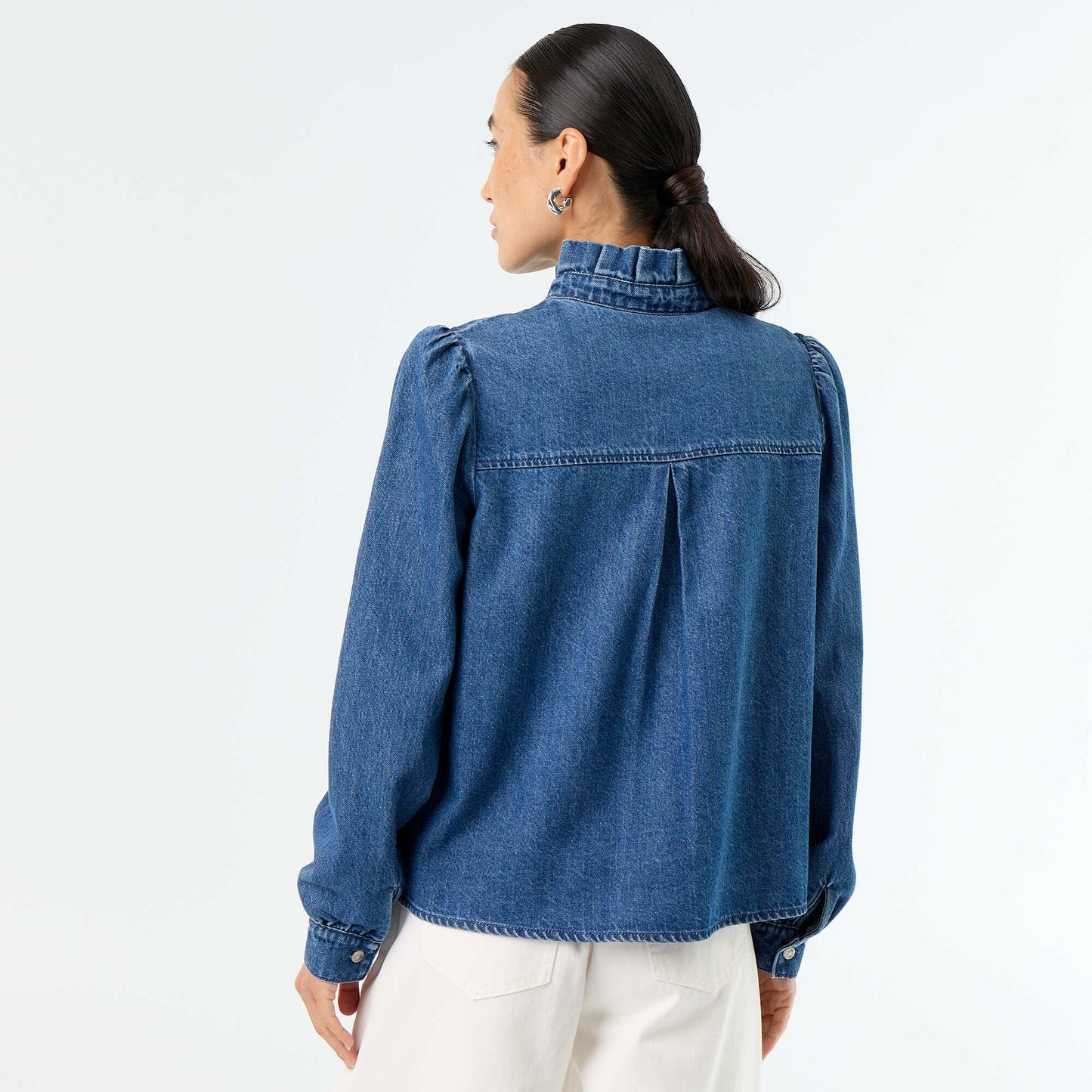 Denim Blouse with Ruffled Collar BLUE