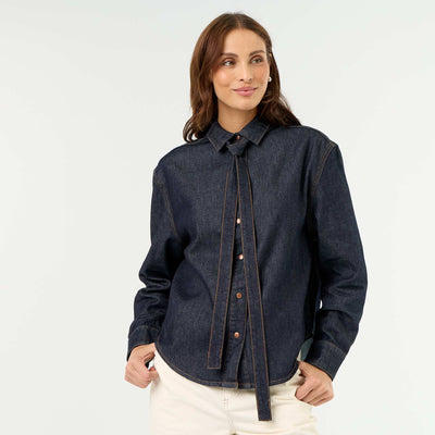 Denim Shirt with Pussy-Bow Collar BLUE