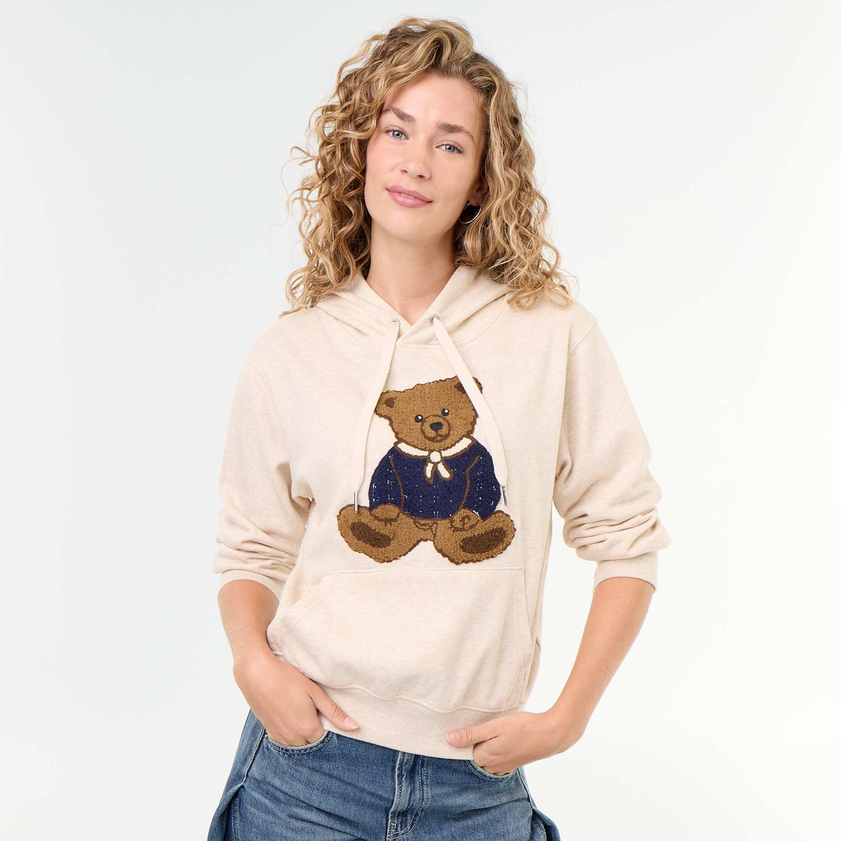 Hooded Sweatshirt with Embroidered Bear BEIGE