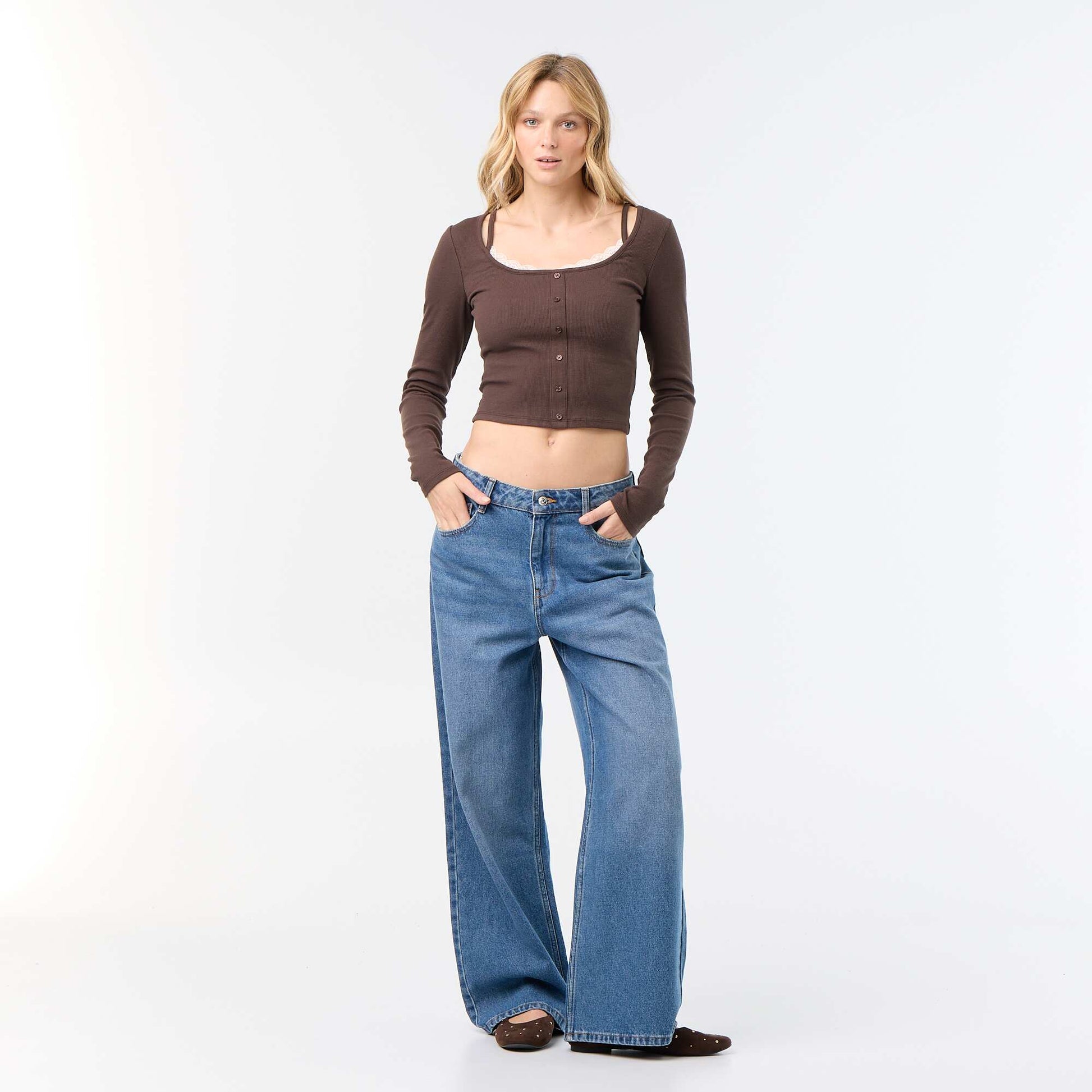 2-in-1 Tank Top T-shirt with Lace Collar BROWN