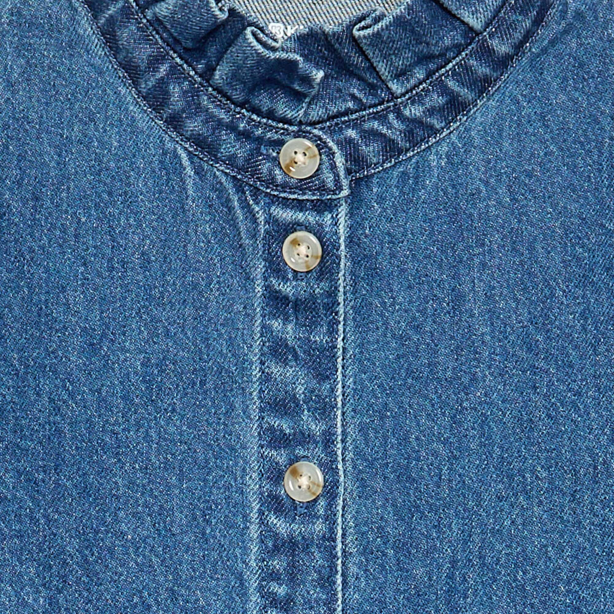 Denim blouse with ruffled stand-up collar BLUE