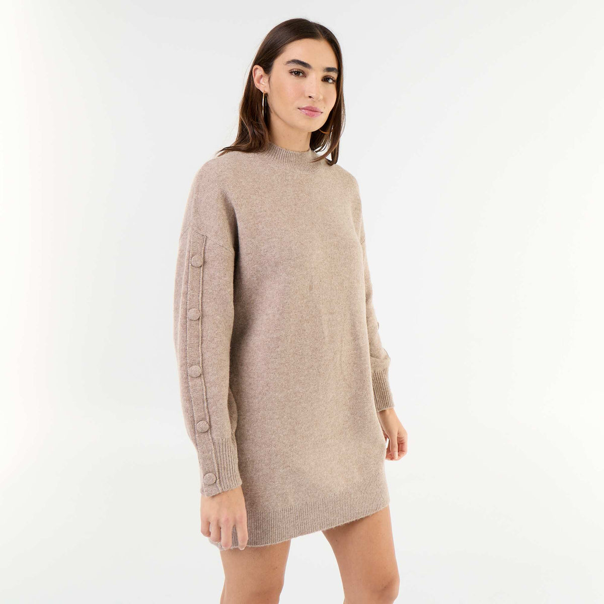 Short knit dress with button detail sleeves BEIGE