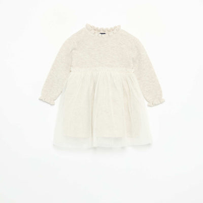 Long-sleeved knit and tulle dress BEIGE
