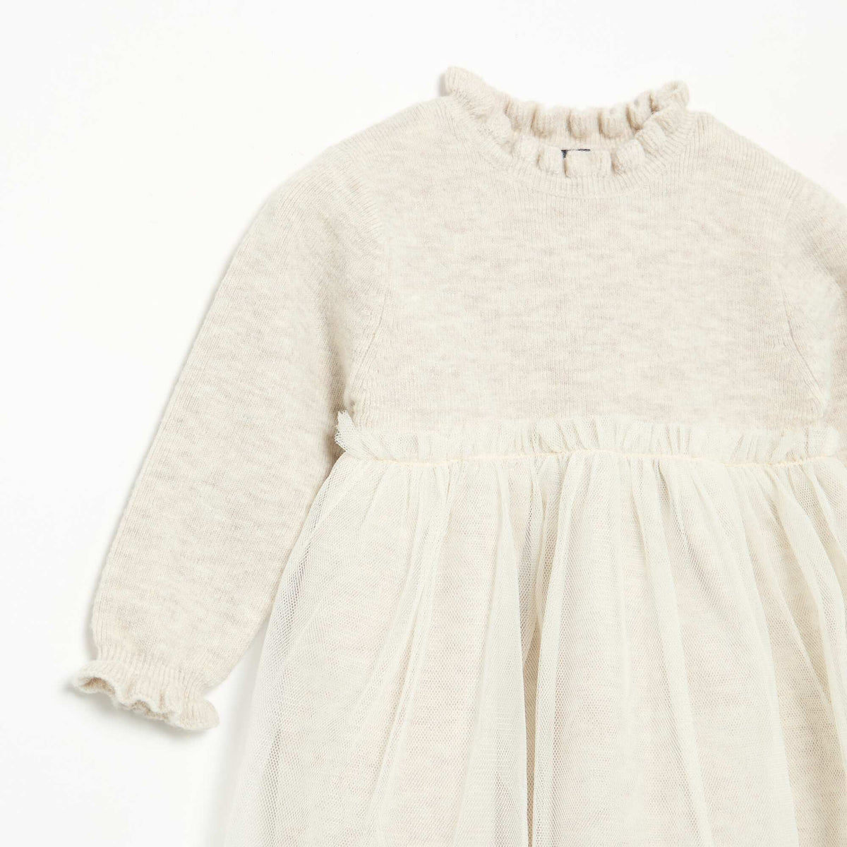 Long-sleeved knit and tulle dress BEIGE
