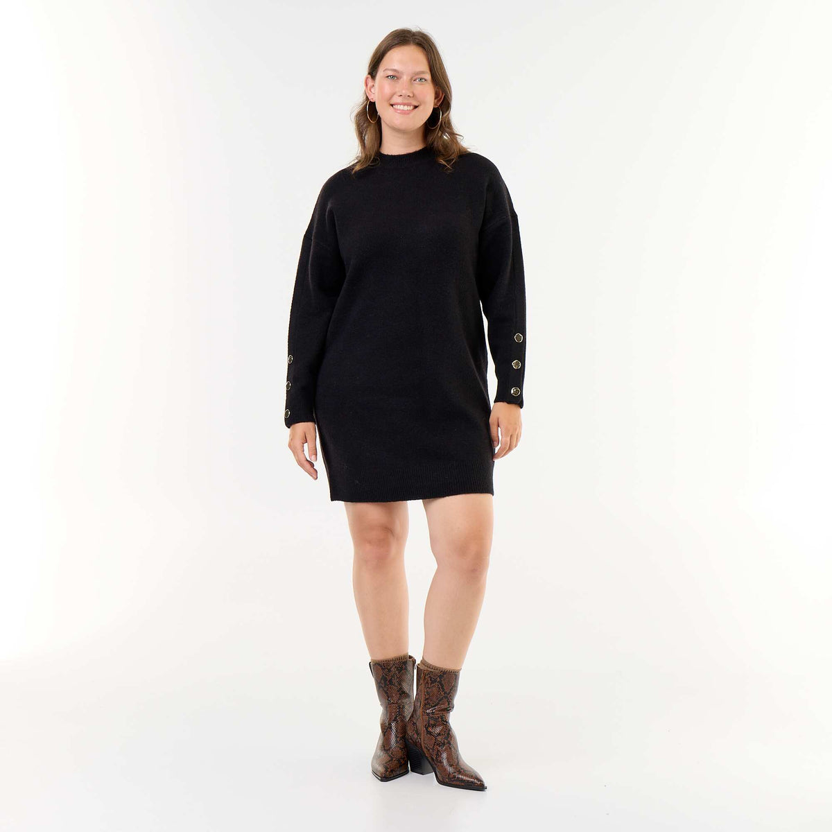 Sweater Dress with Buttoned Sleeves BLACK