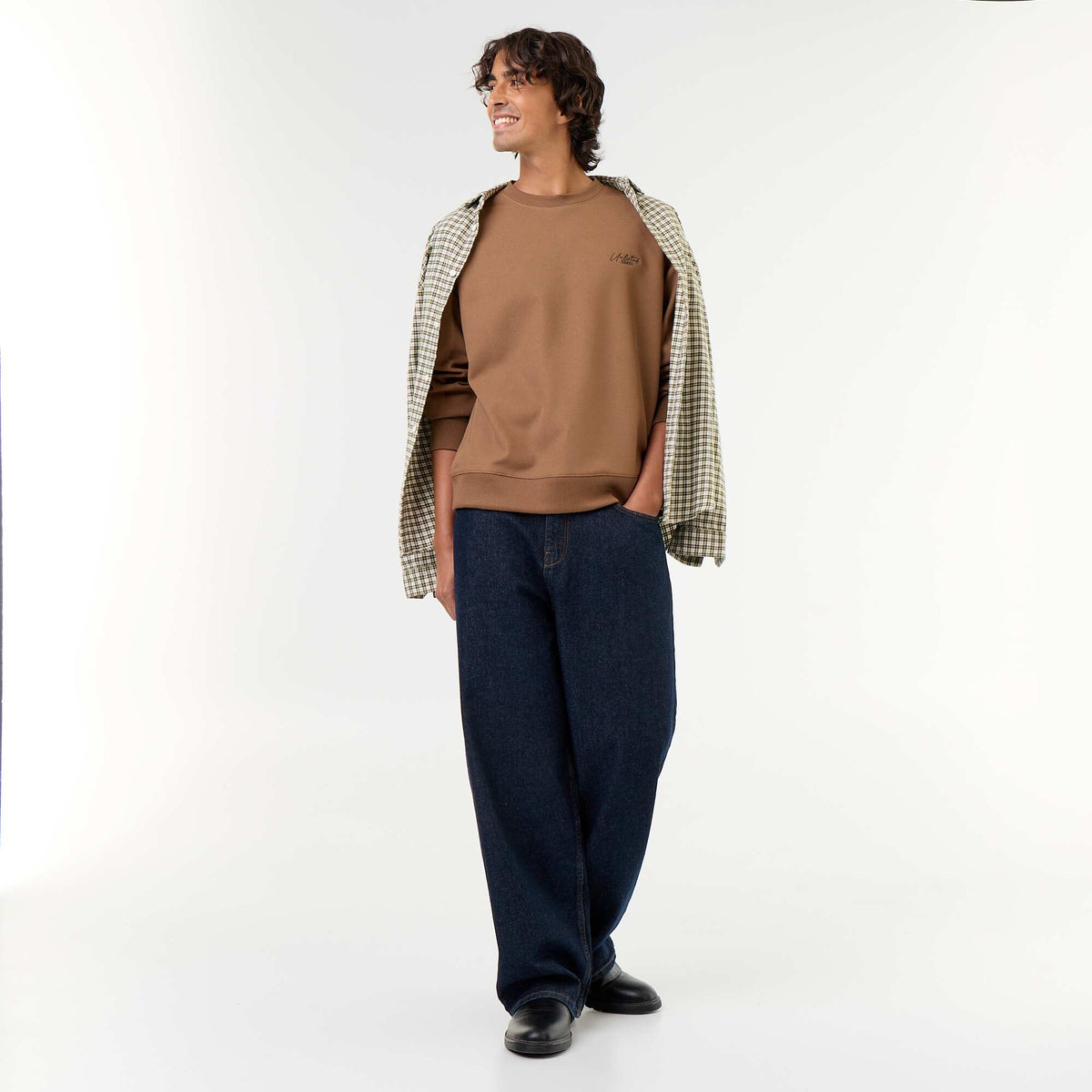 Piqué knit crew neck sweatshirt BROWN
