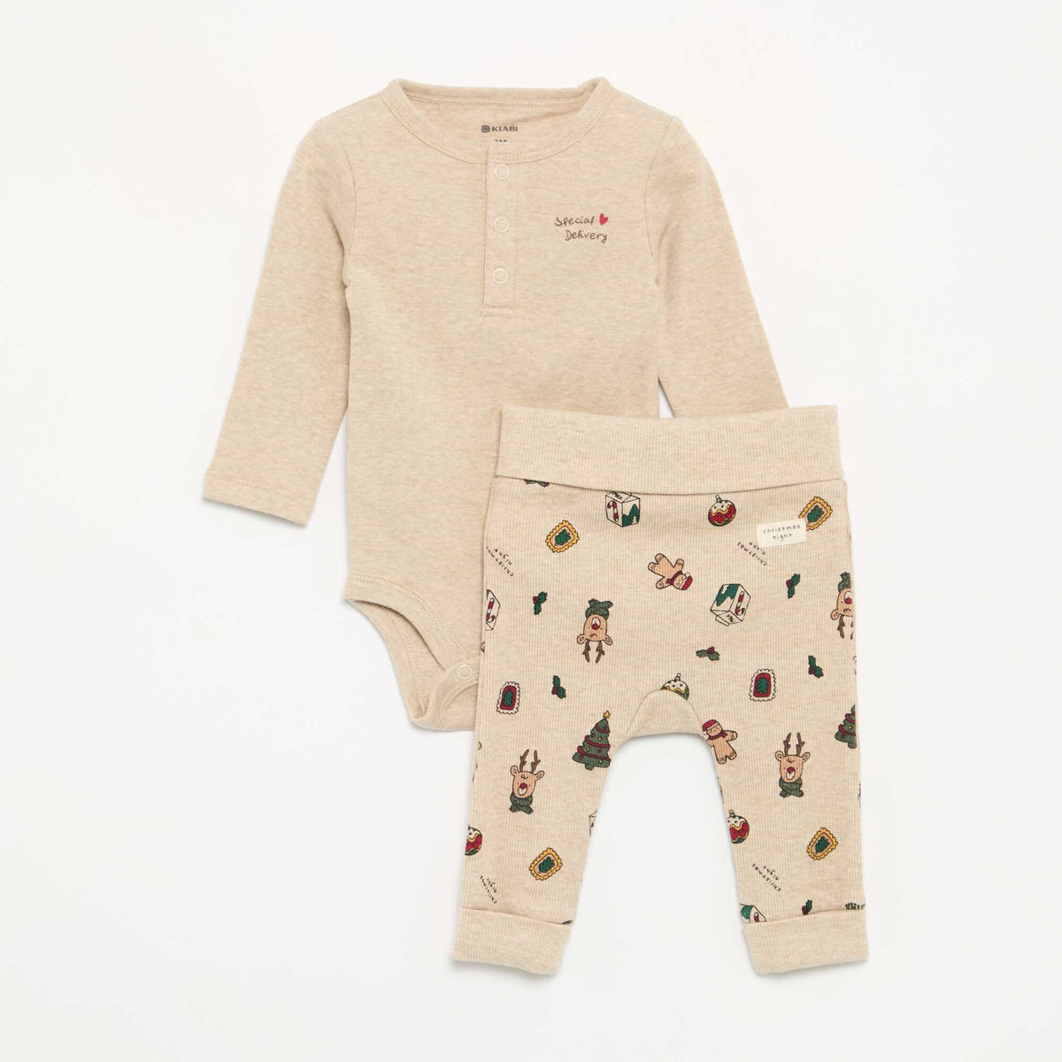 2-Piece Set: Long-Sleeved Bodysuit & Leggings BEIGE