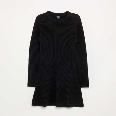 Long-sleeved ribbed knit dress BLACK
