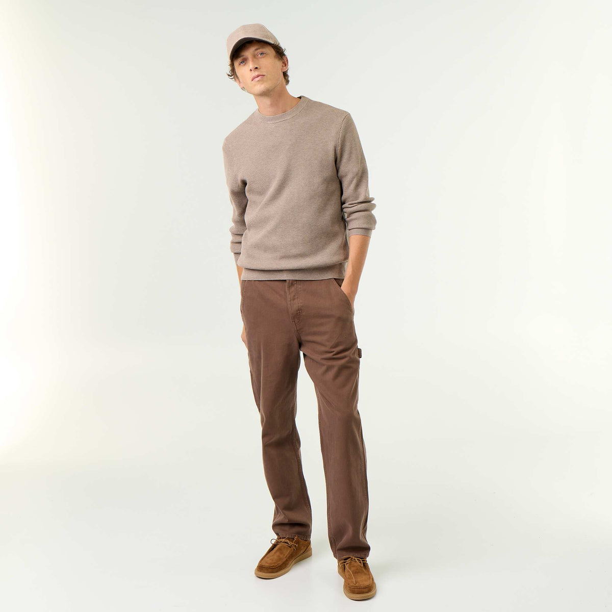 Waffle knit crew neck jumper BEIGE