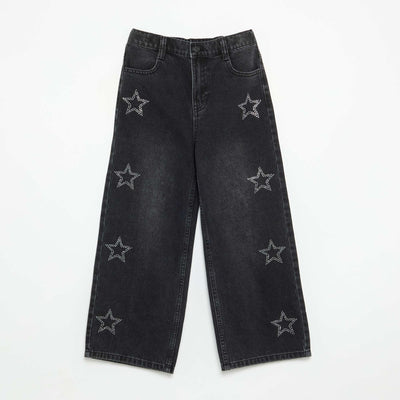 Wide-leg trousers with rhinestones BLACK