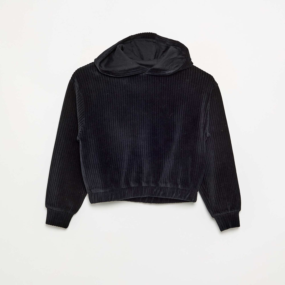 Ribbed knit hooded sweatshirt BLACK