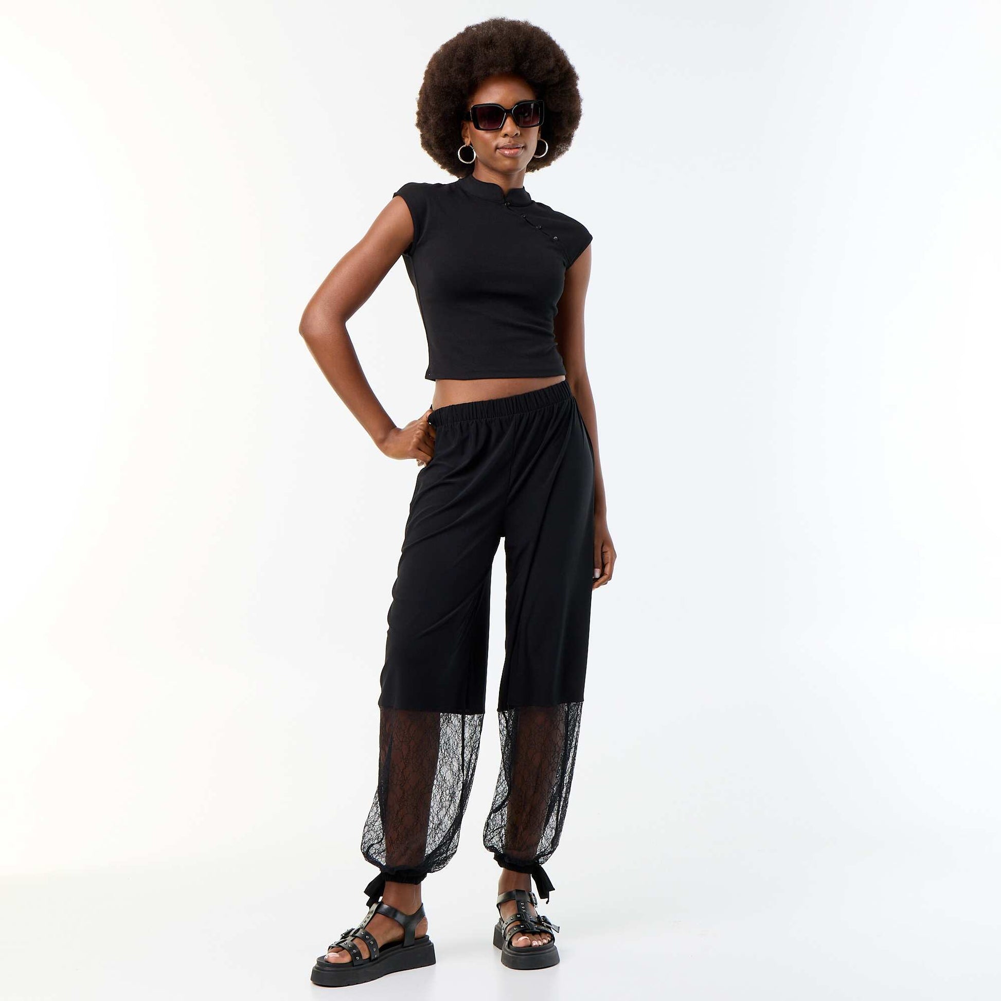 Balloon-Fit Wide-Leg Trousers with Lace Trim BLACK