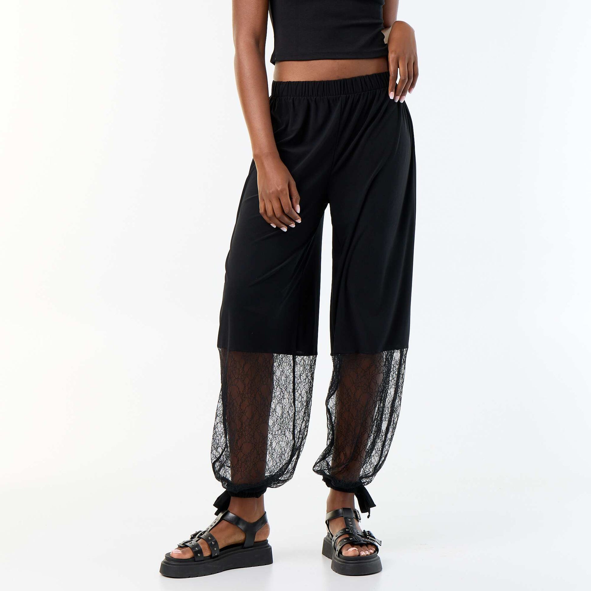 Balloon-Fit Wide-Leg Trousers with Lace Trim BLACK