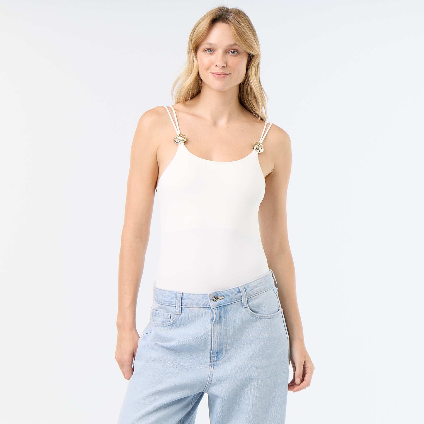 Solid Bodysuit with Embellished Straps WHITE
