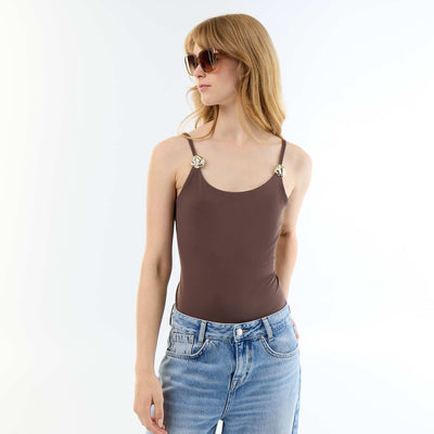 Solid Bodysuit with Embellished Straps BROWN
