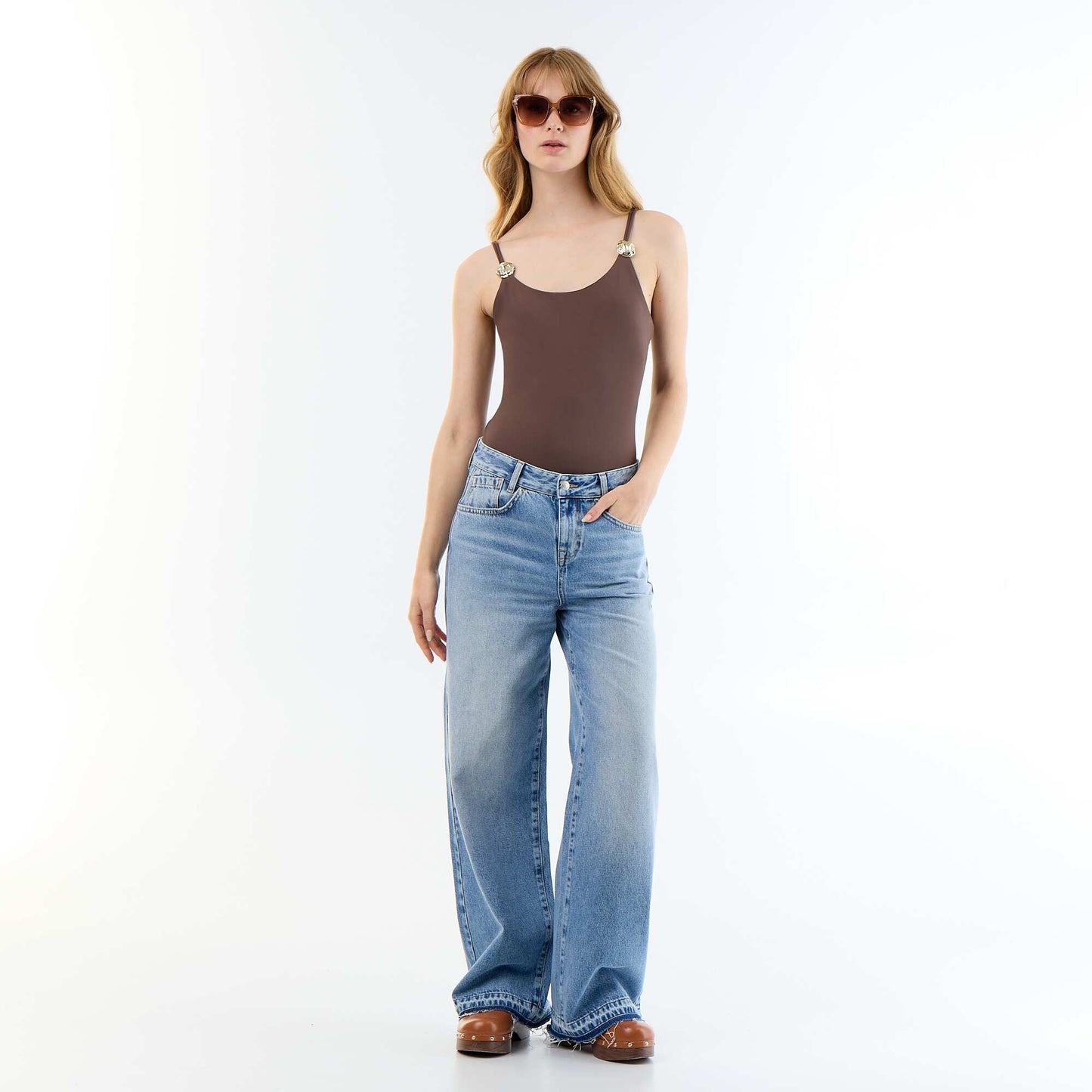 Solid Bodysuit with Embellished Straps BROWN
