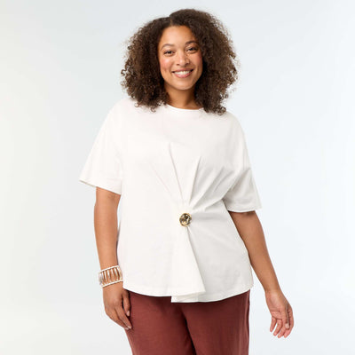 Draped T-shirt with Golden Brooch Detail WHITE
