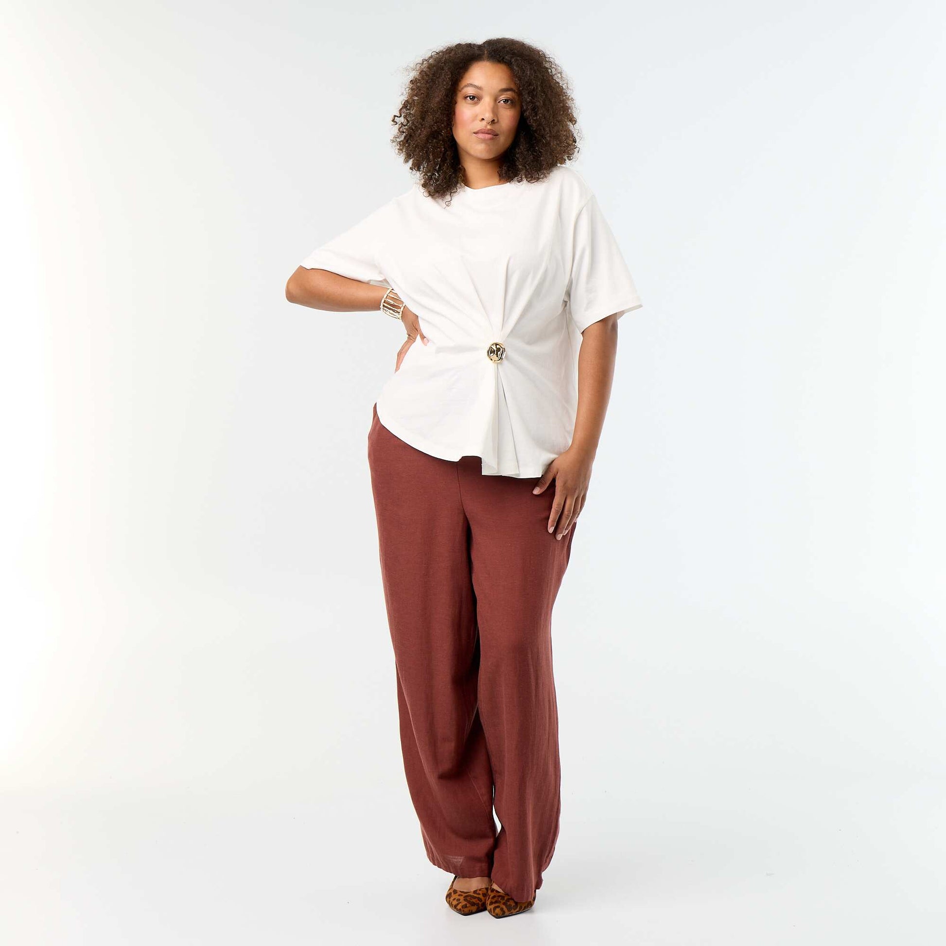 Draped T-shirt with Golden Brooch Detail WHITE