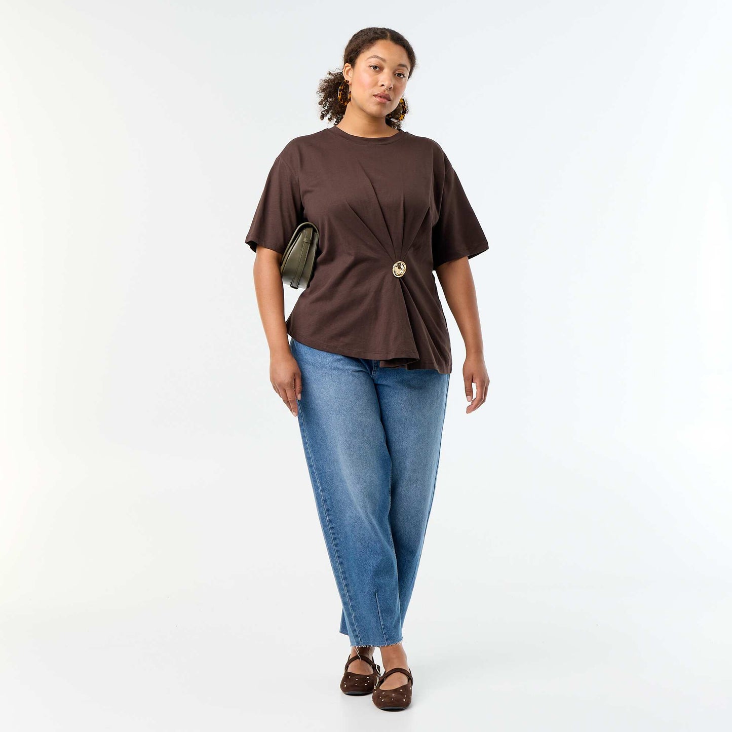 Draped T-shirt with Golden Brooch Detail BROWN