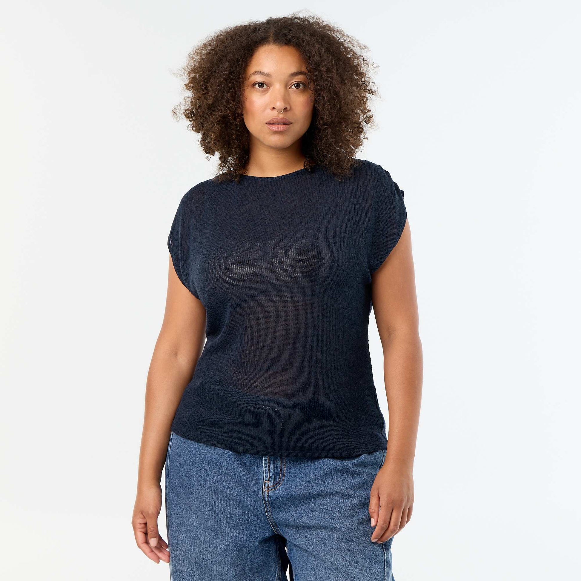 Sleeveless top in openwork fabric BLUE