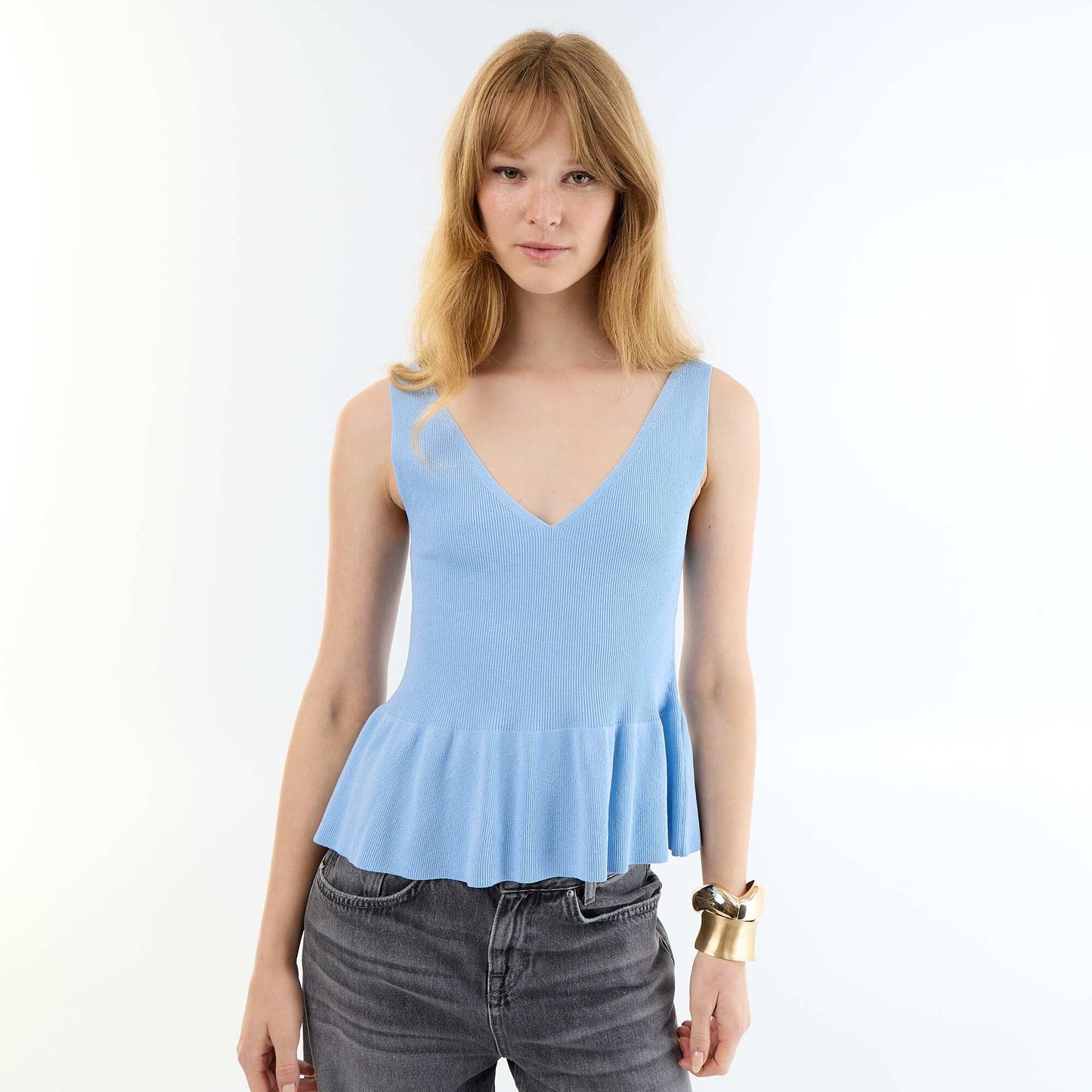 Rib-knit peplum top BLUE