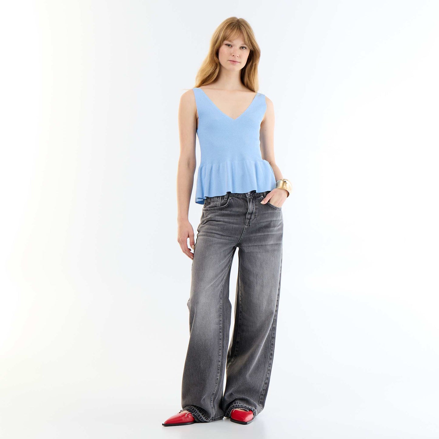 Rib-knit peplum top BLUE