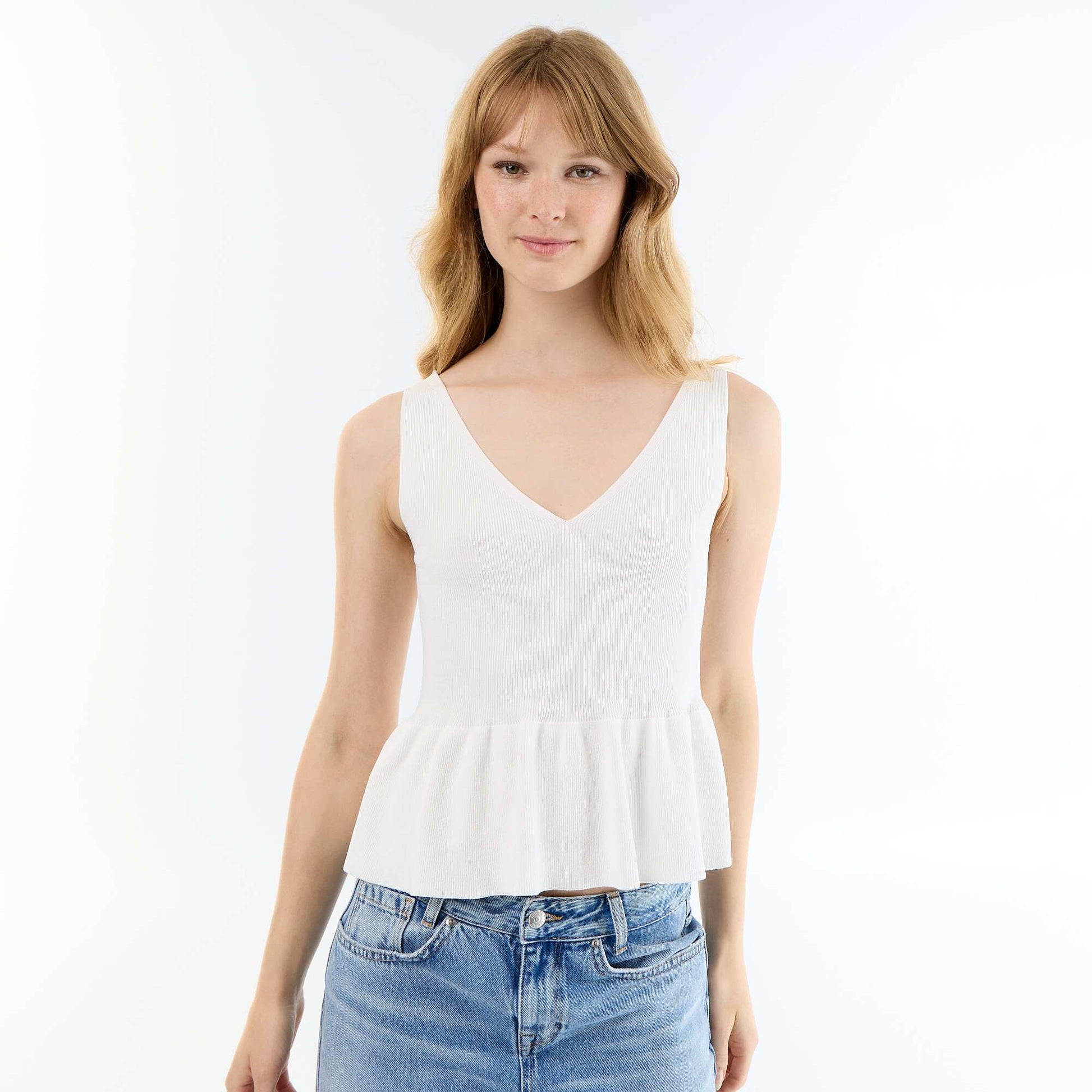 Rib-knit peplum top WHITE