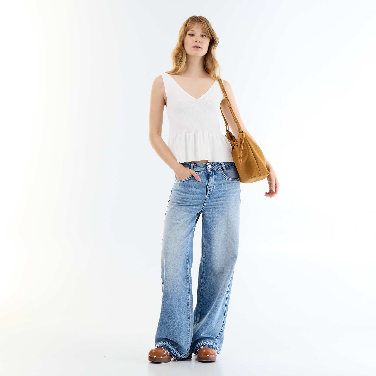 Rib-knit peplum top WHITE