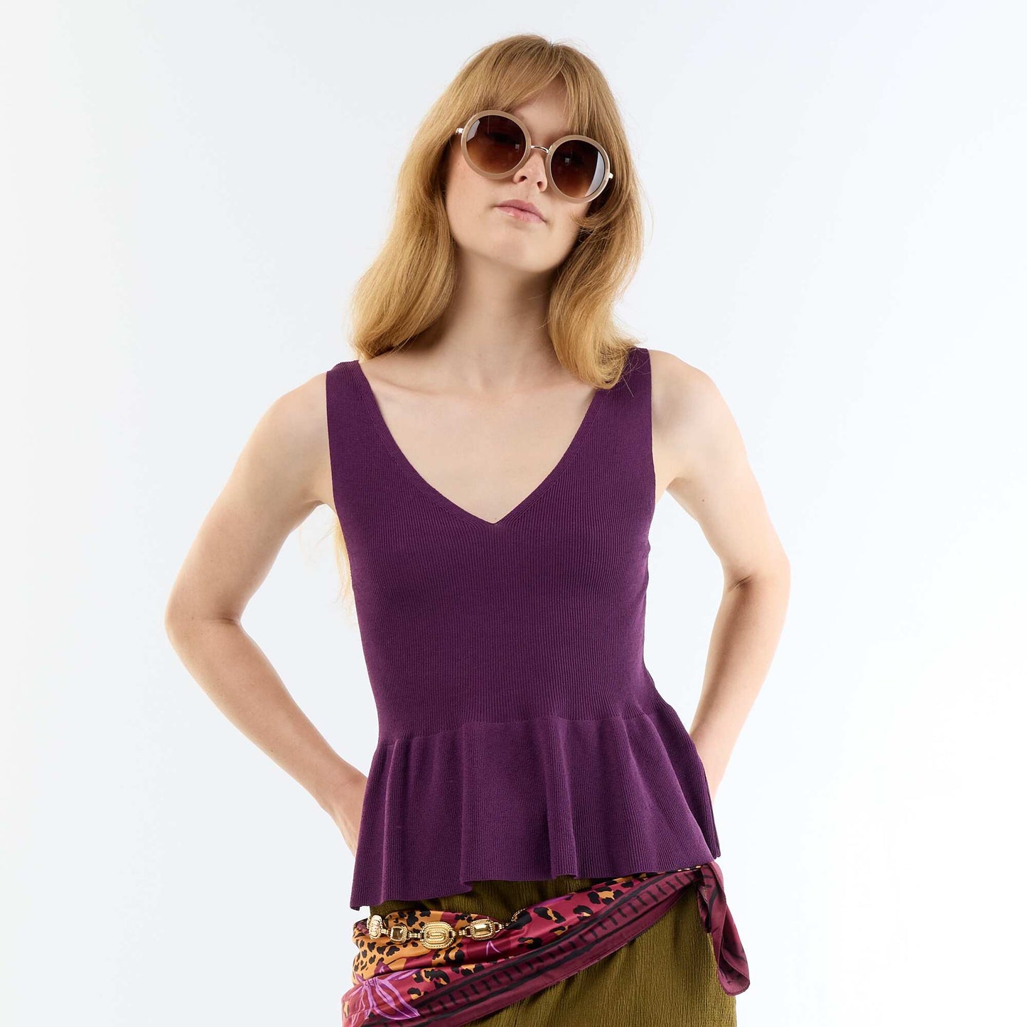 Rib-knit peplum top PURPLE