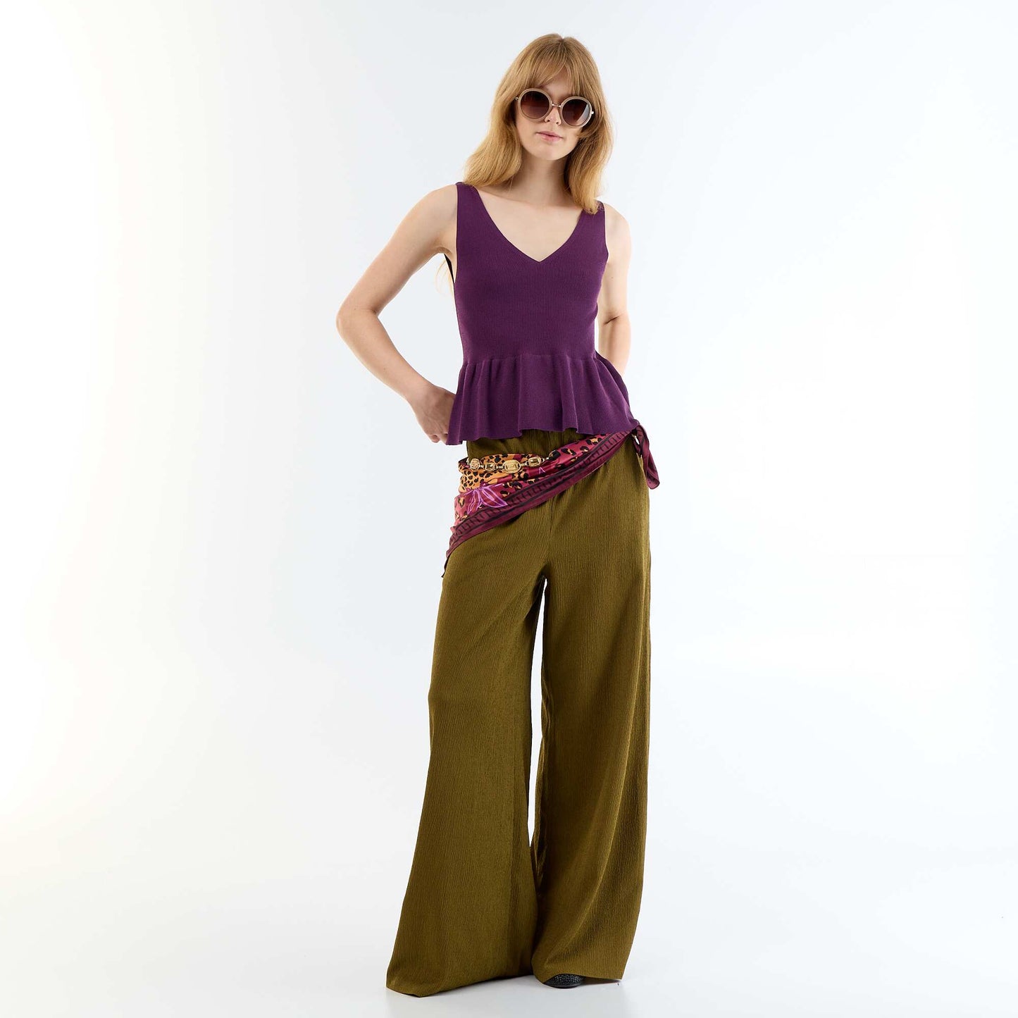 Rib-knit peplum top PURPLE