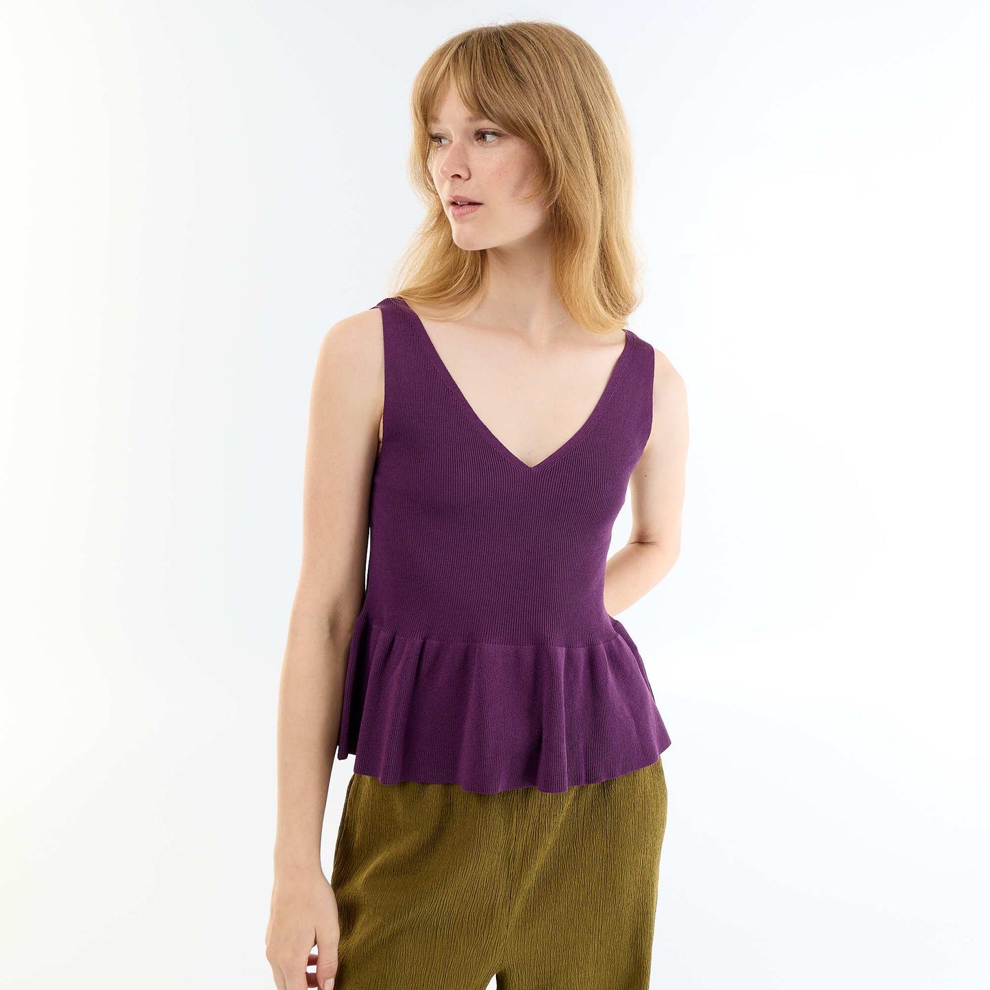Rib-knit peplum top PURPLE