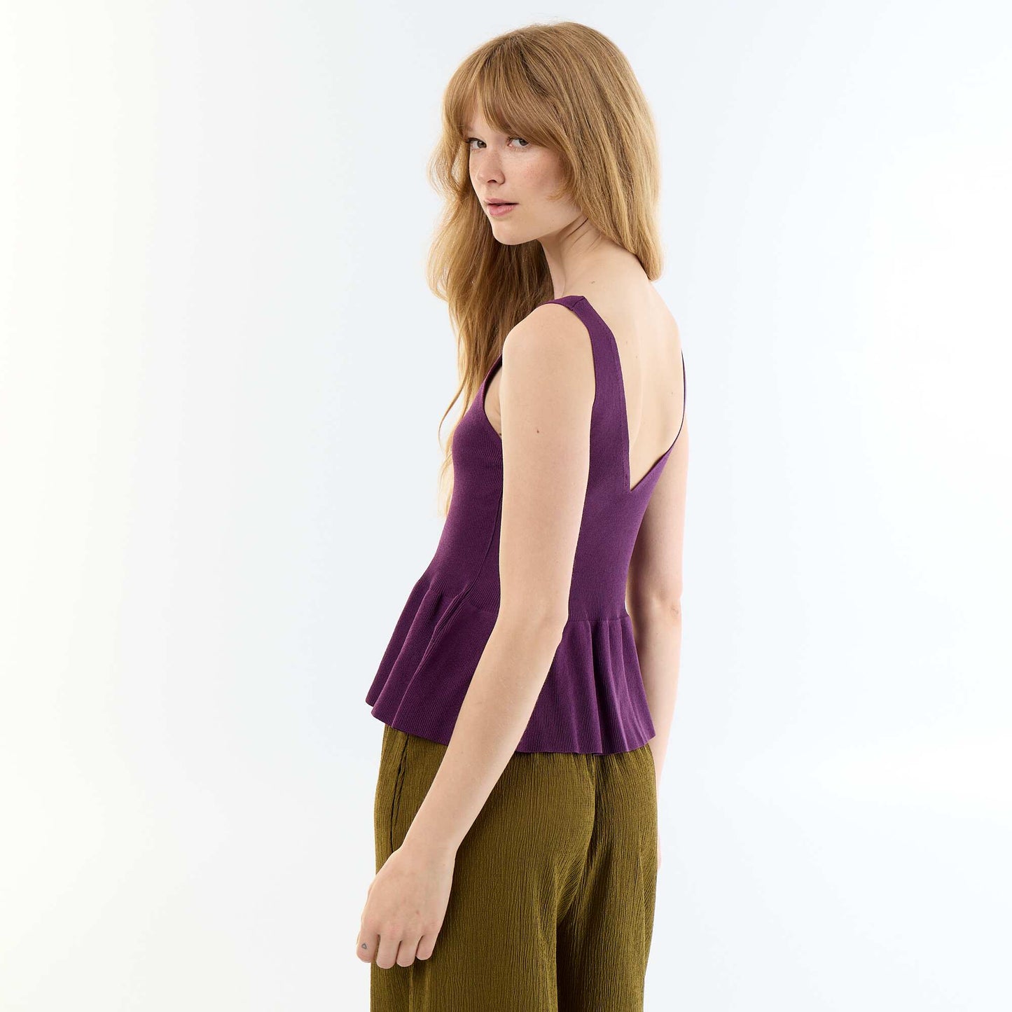 Rib-knit peplum top PURPLE