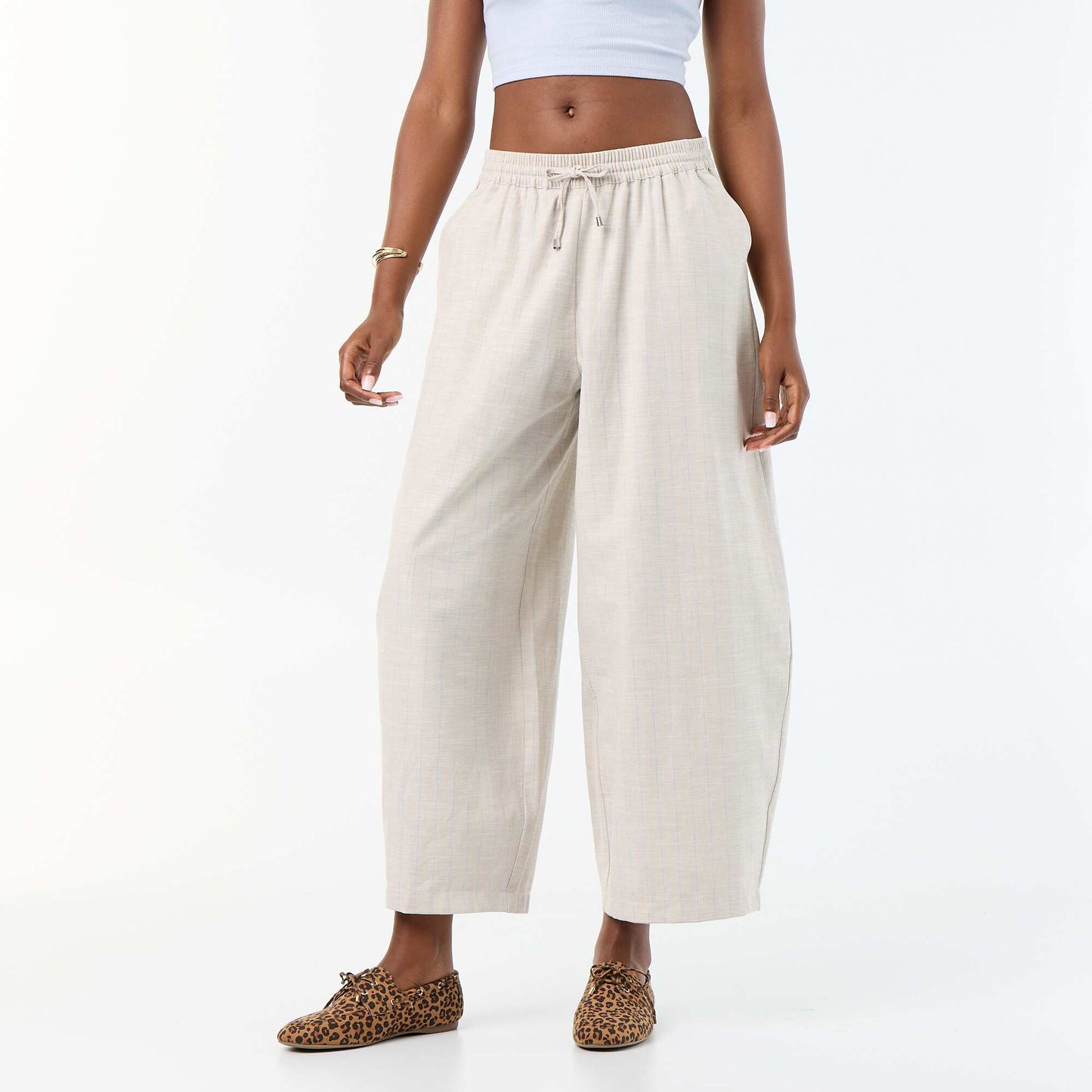 High-waisted wide-leg linen blend pants BEIGE