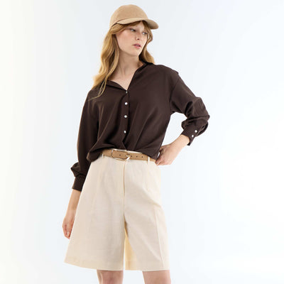 Pleated Wide-Leg Linen Blend Bermuda Shorts BEIGE
