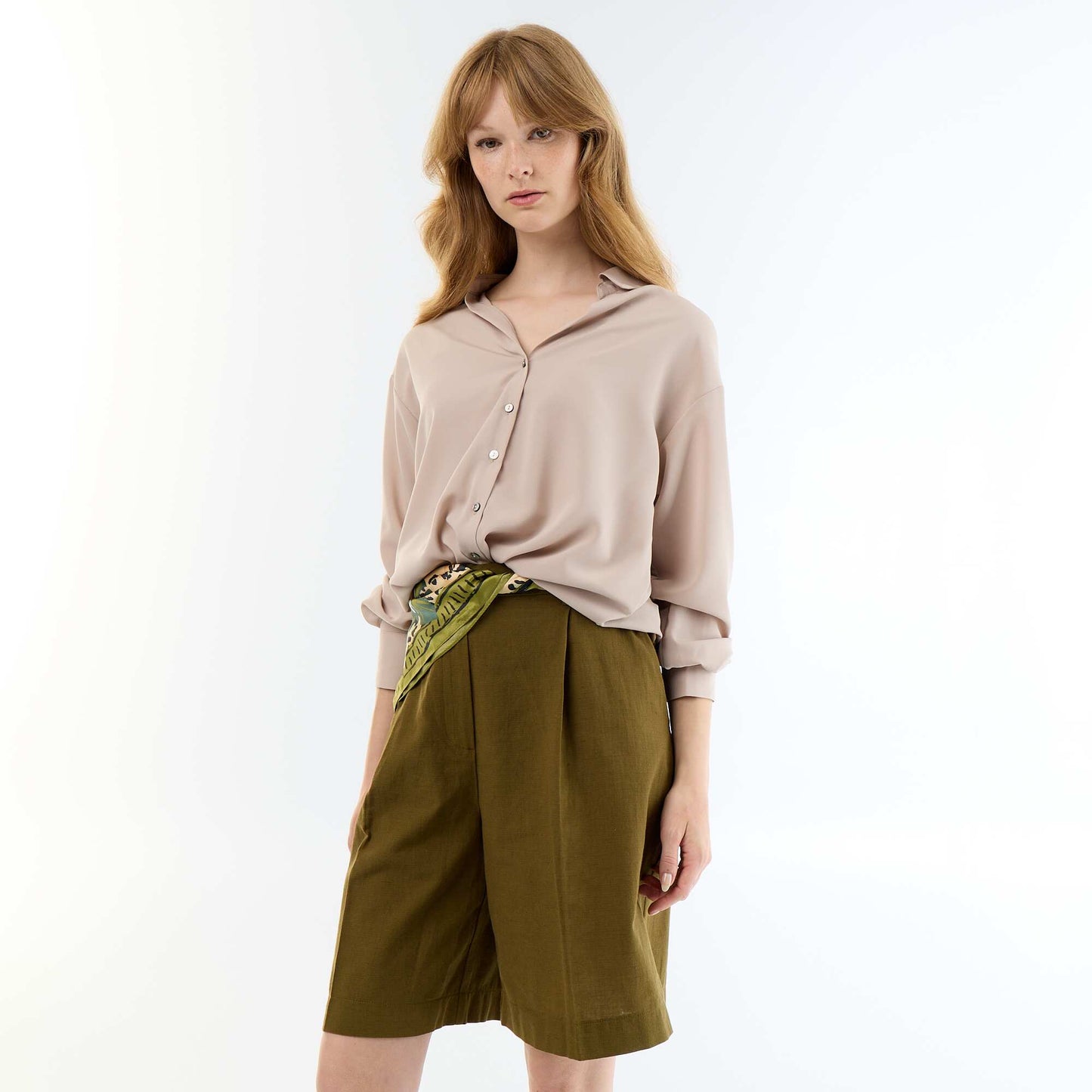 Pleated Wide-Leg Linen Blend Bermuda Shorts KHAKI