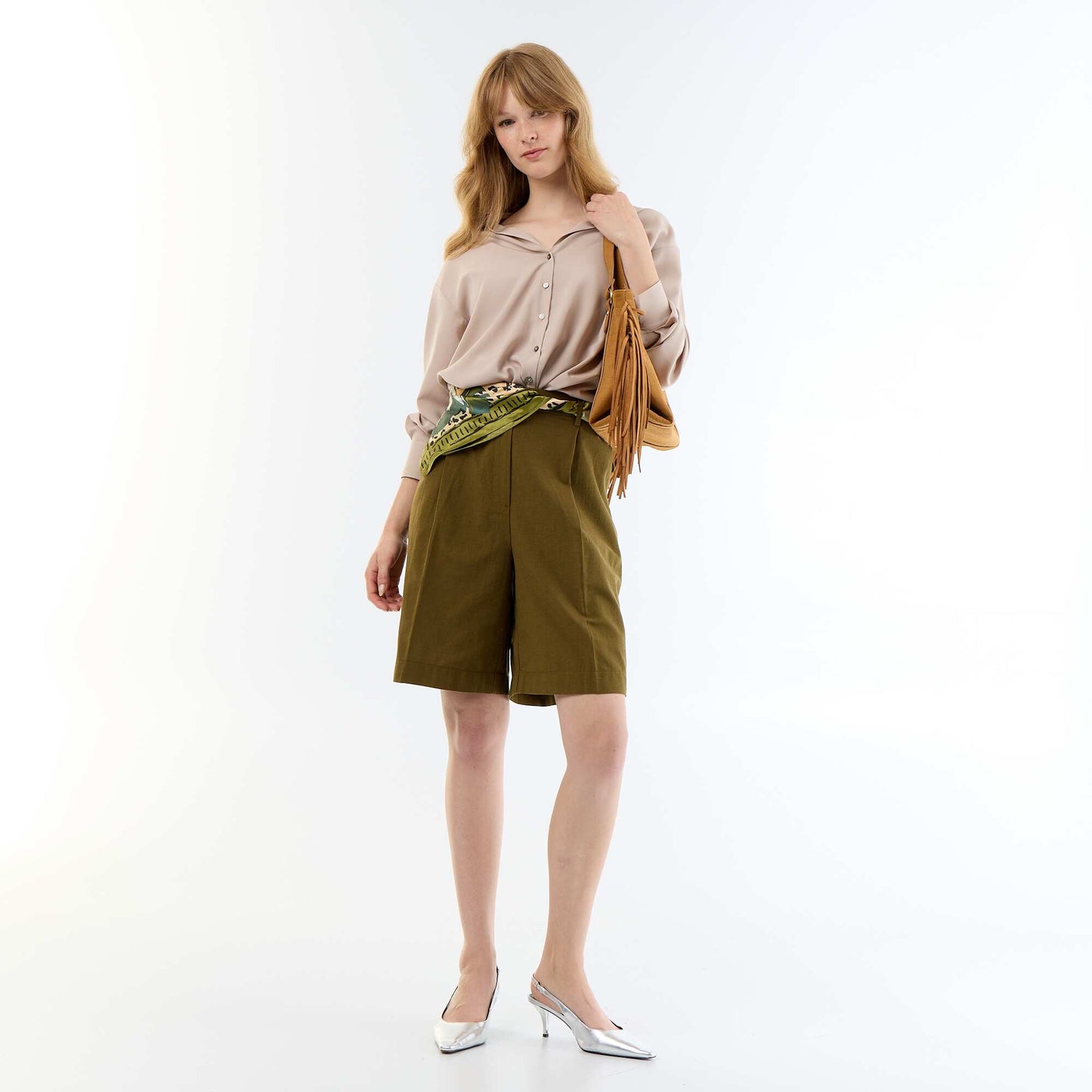 Pleated Wide-Leg Linen Blend Bermuda Shorts KHAKI