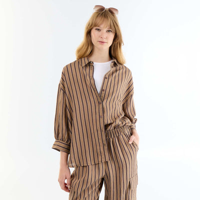 Fluid Striped Balloon Sleeve Shirt DARK BROWN