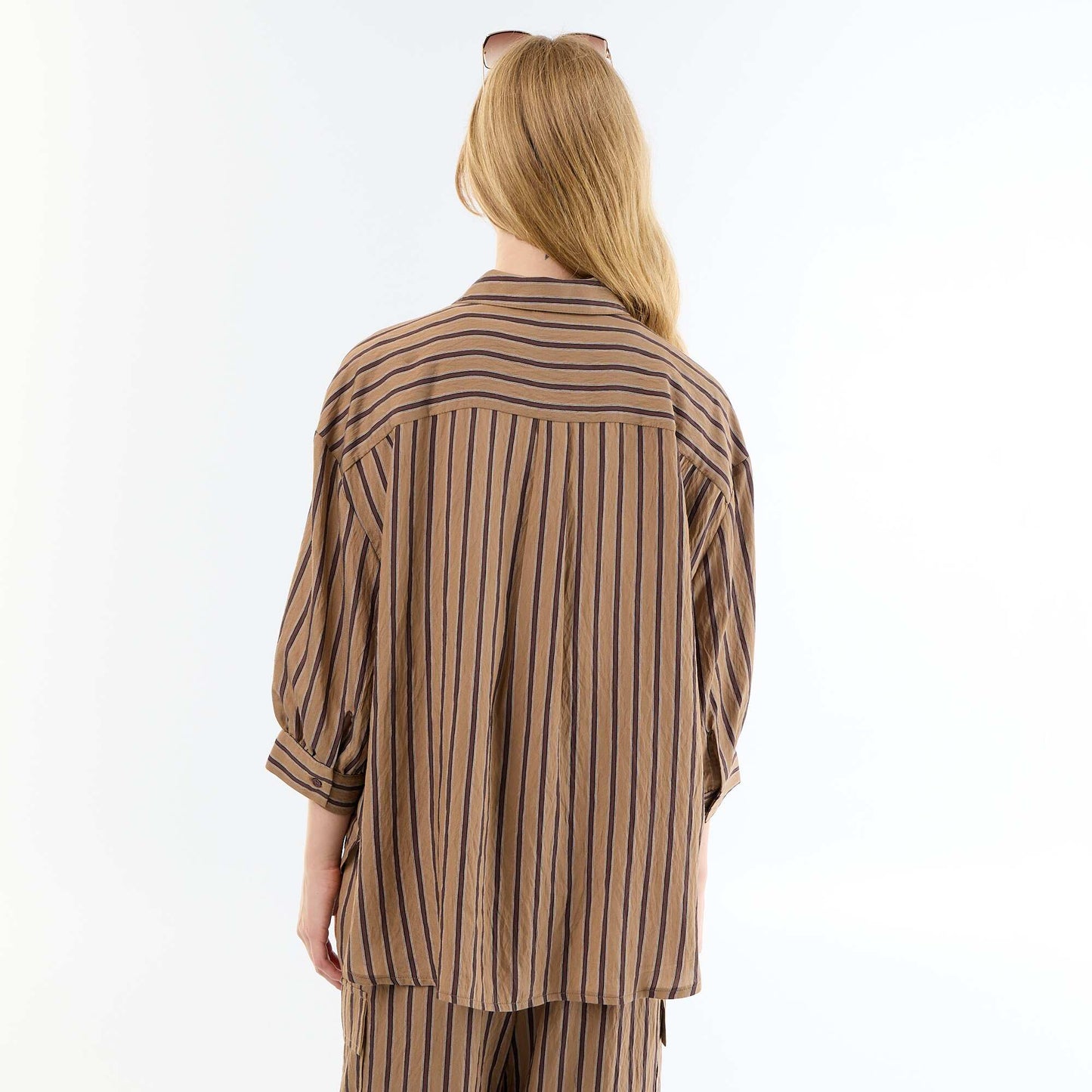 Fluid Striped Balloon Sleeve Shirt DARK BROWN