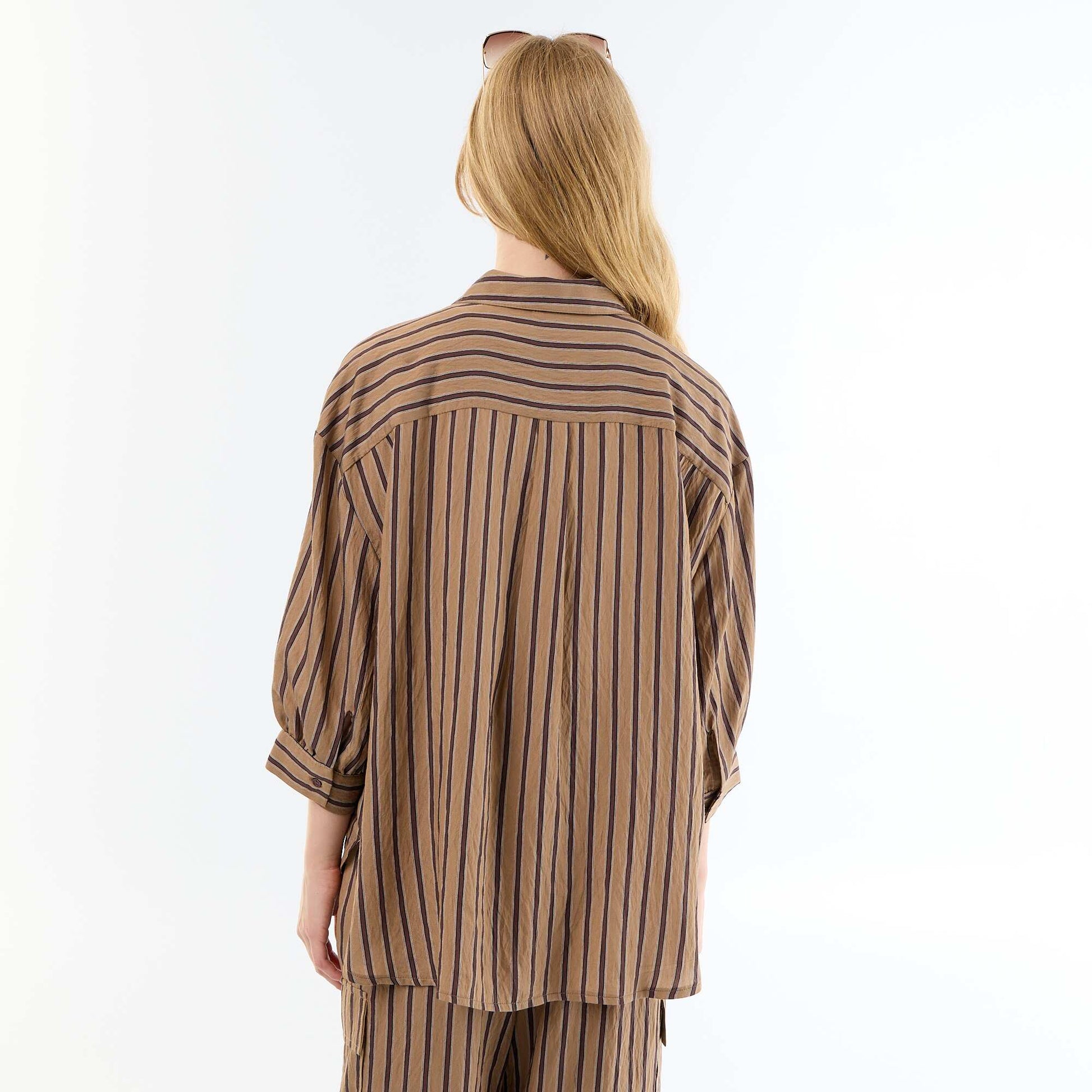 Fluid Striped Balloon Sleeve Shirt DARK BROWN