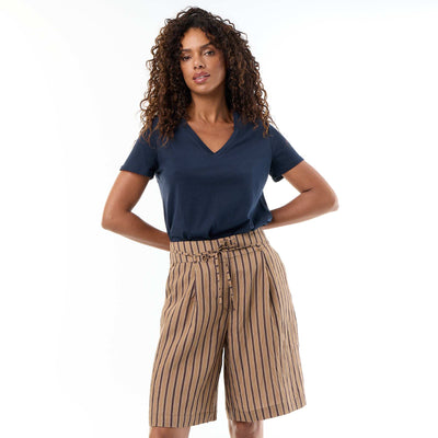 Wide-leg striped high-waisted Bermuda shorts BEIGE