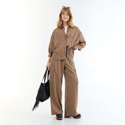 Wide-Leg Striped Trousers with Flap Pockets DARK BROWN