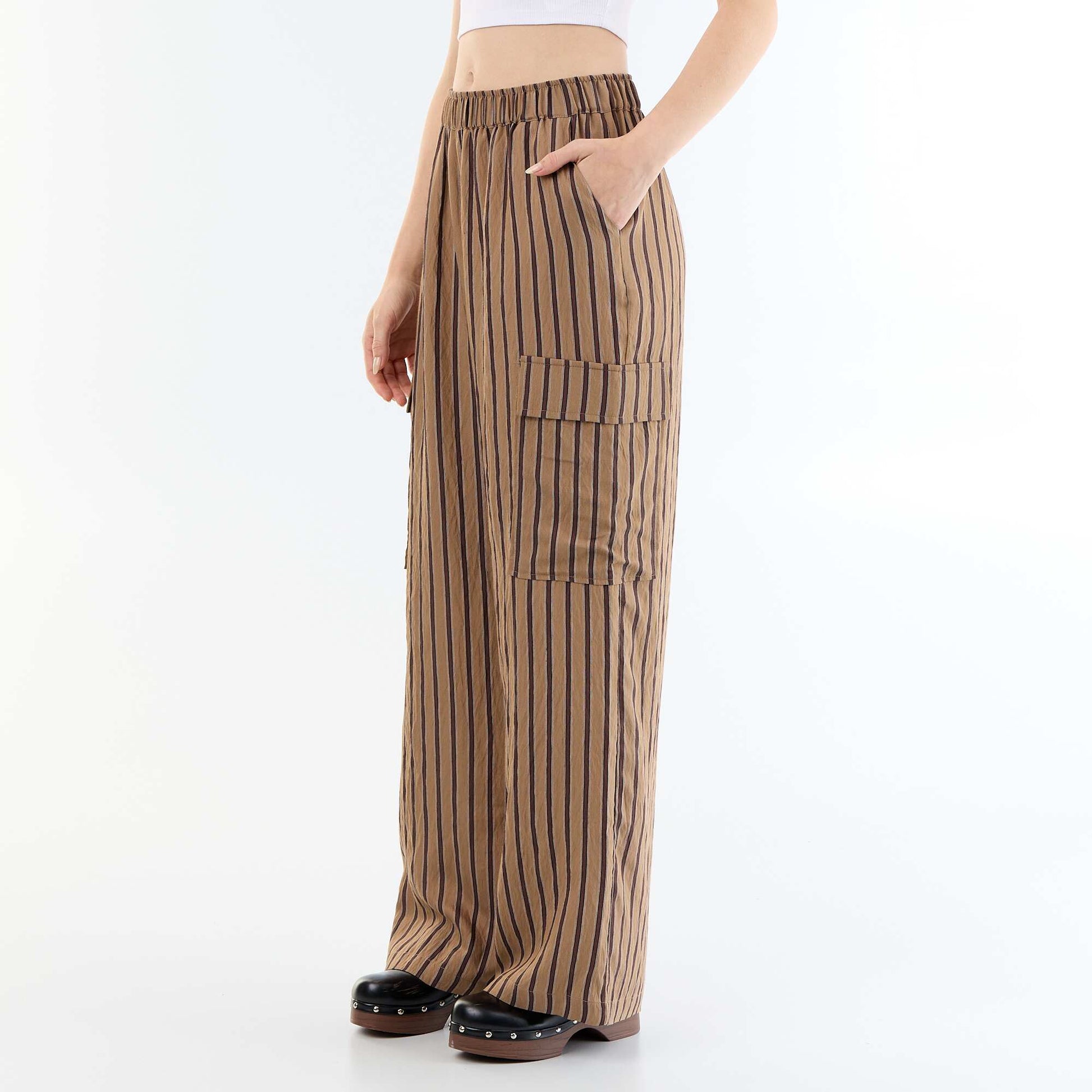 Wide-Leg Striped Trousers with Flap Pockets DARK BROWN