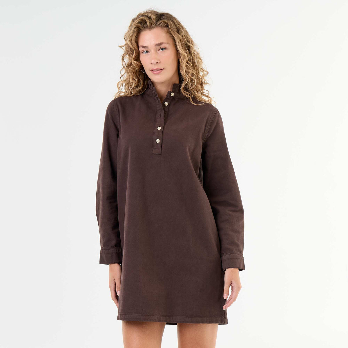 Denim Dress with Frill Collar BROWN