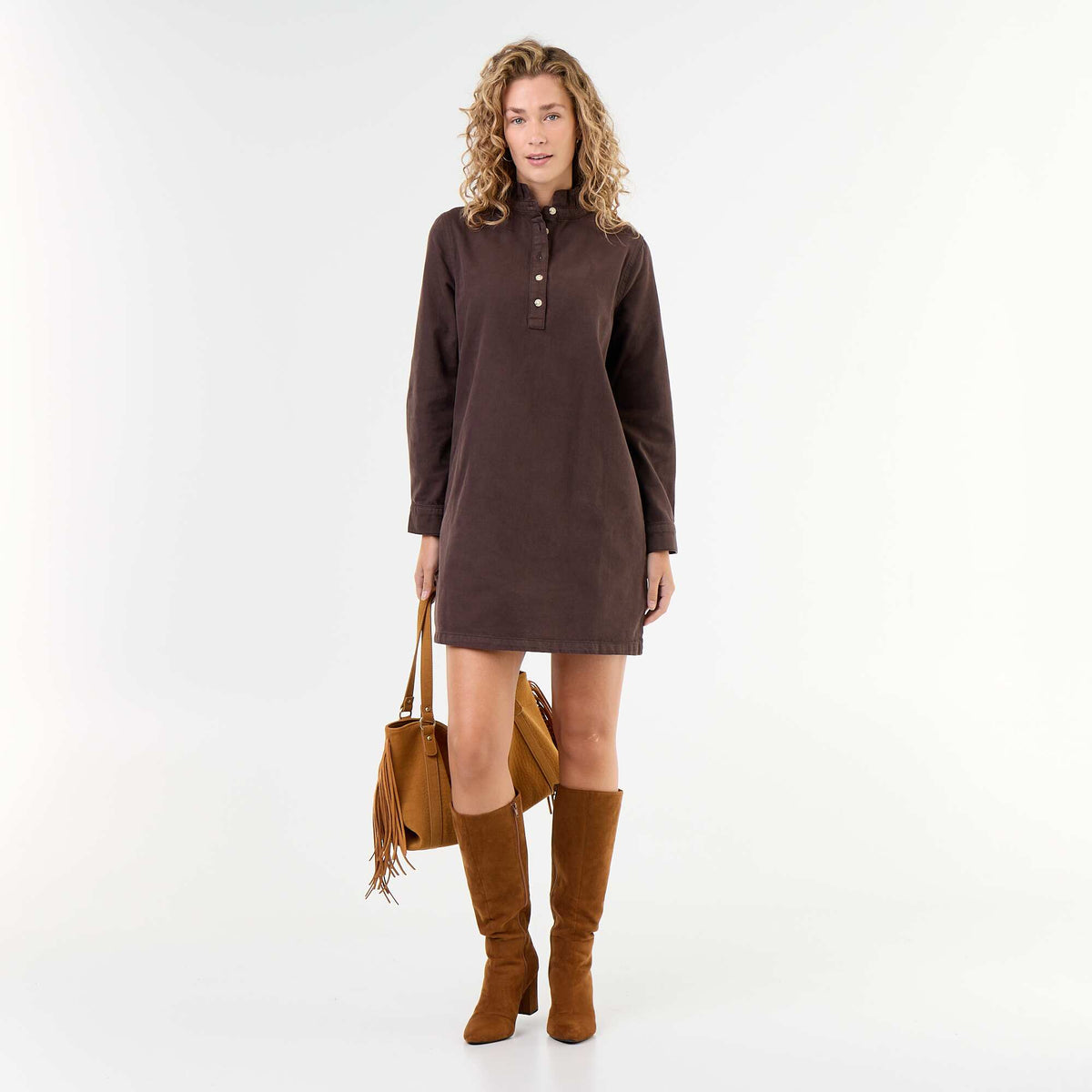 Denim Dress with Frill Collar BROWN
