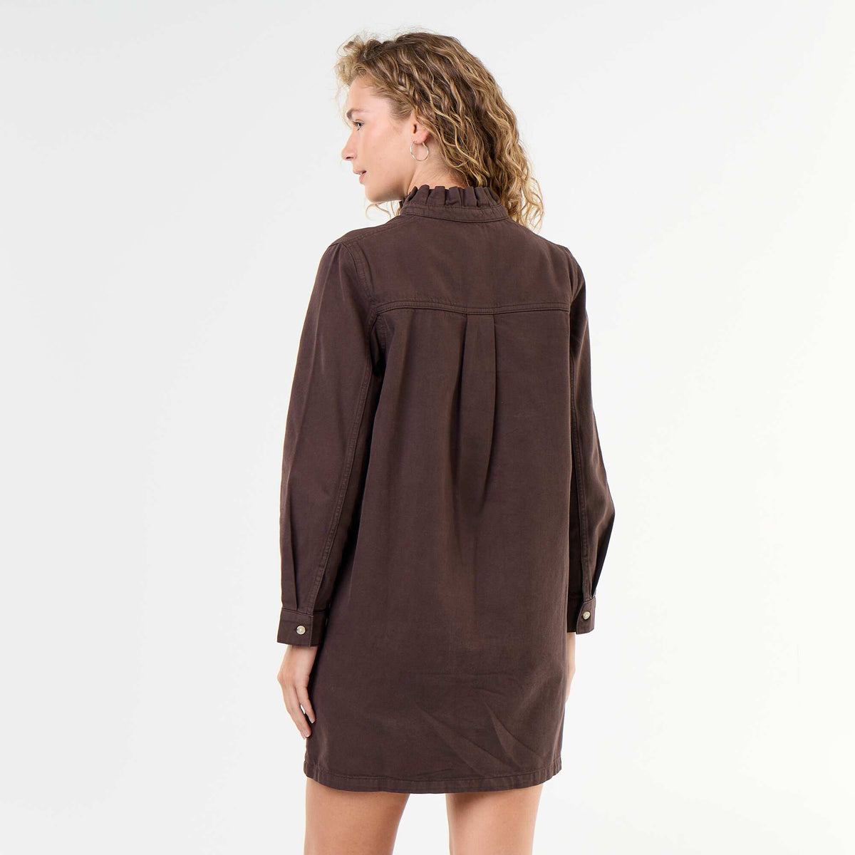 Denim Dress with Frill Collar BROWN