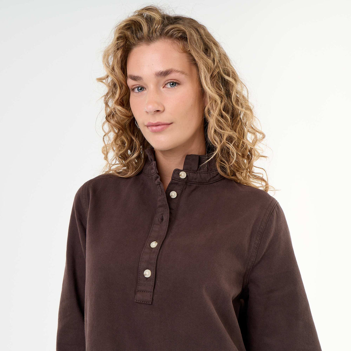 Denim Dress with Frill Collar BROWN