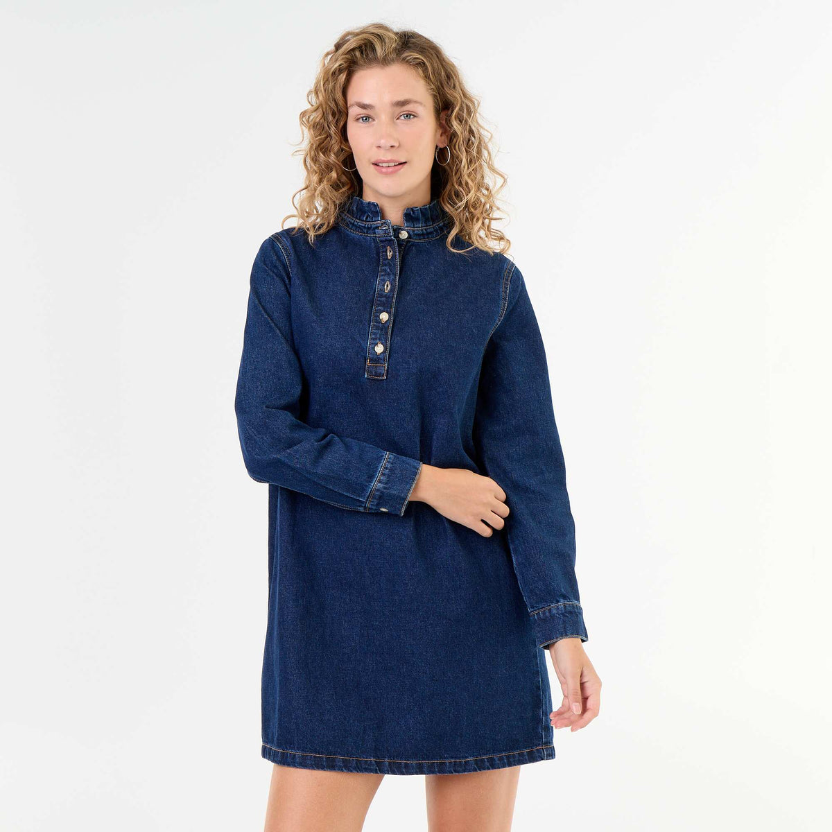 Denim Dress with Frill Collar BLUE