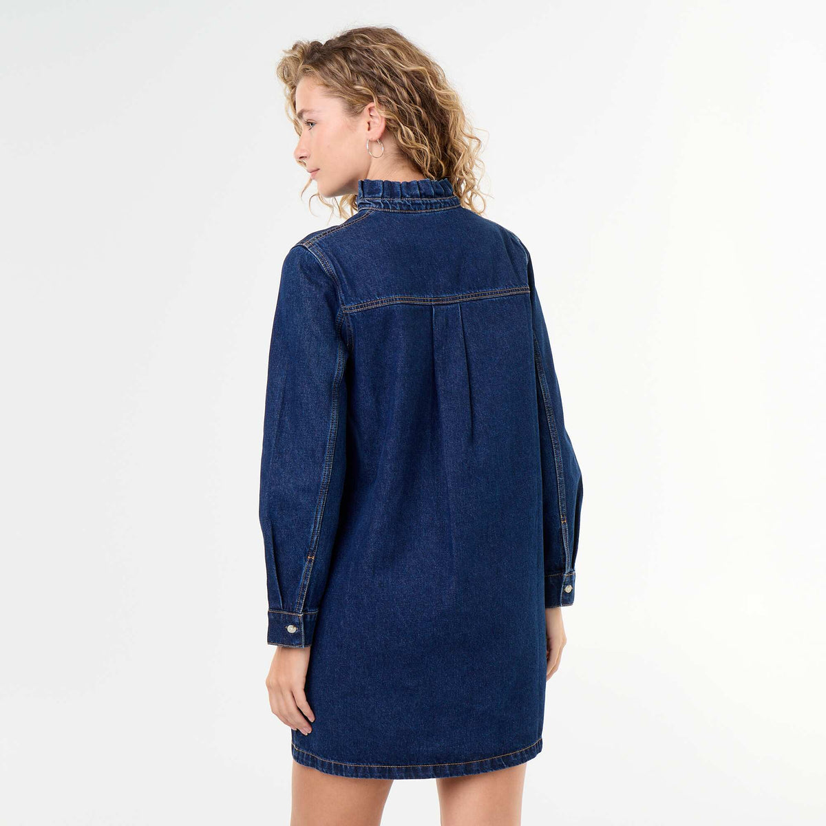 Denim Dress with Frill Collar BLUE