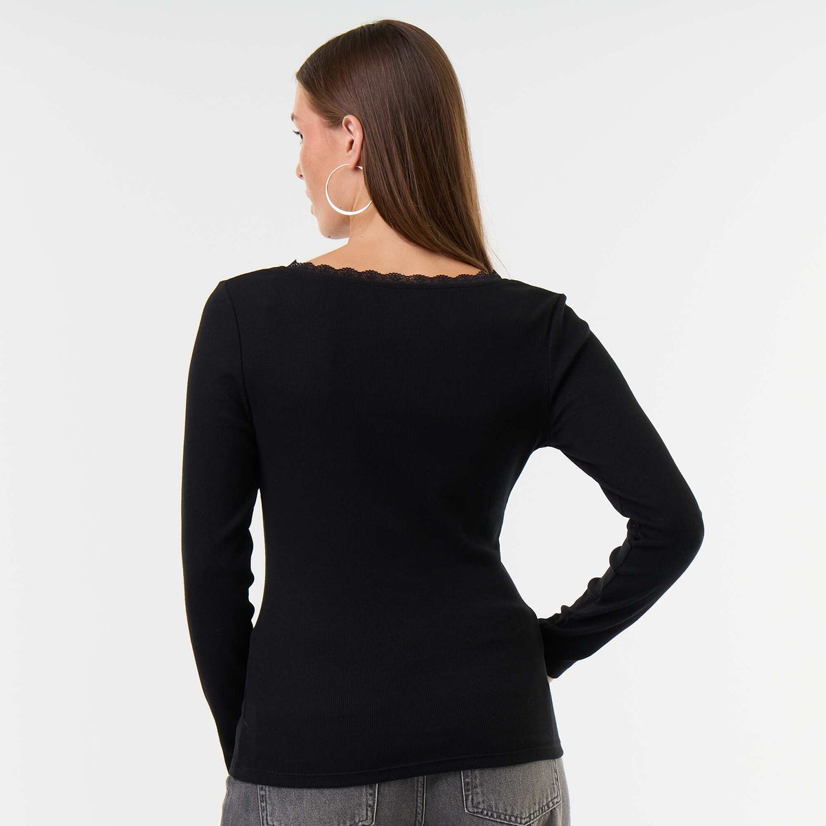 Lace-Trim Ribbed T-Shirt BLACK