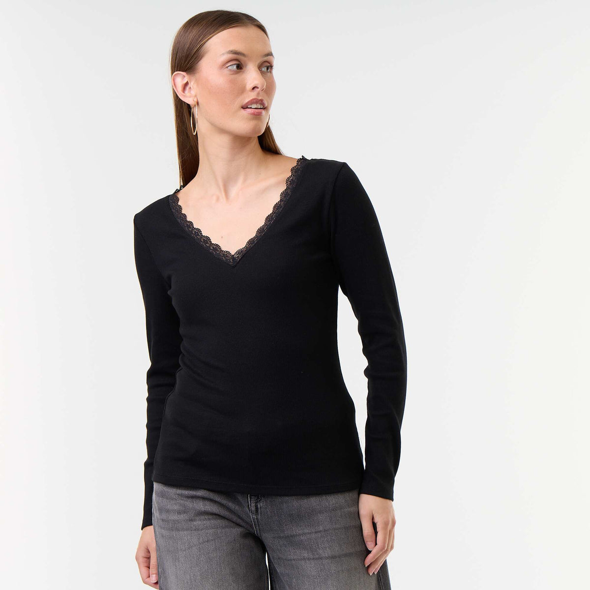 Lace-Trim Ribbed T-Shirt BLACK